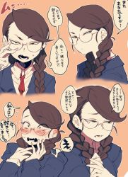 Rule 34 | 1girl, adjusting eyewear, annoyed, blush, braid, brown hair, collared shirt, confession, embarrassed, expressions, fangs, fingernails, glasses, long hair, looking at viewer, multiple views, norasame (dagako), open mouth, orange background, original, own hands together, sharp fingernails, shirt, simple background, surprised, swept bangs, translation request, twin braids, upper body