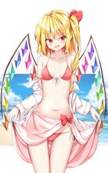 Rule 34 | 1girl, :d, bad id, bad pixiv id, beach, bikini, blonde hair, blue sky, bow, breasts, cleavage, cloud, crystal, fang, flandre scarlet, groin, highres, looking at viewer, navel, one side up, open clothes, open mouth, outdoors, outside border, pointy ears, rainbow order, red bikini, red bow, red eyes, sabana, side-tie bikini bottom, skin fang, sky, small breasts, smile, solo, standing, string bikini, swimsuit, touhou, wings