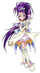Rule 34 | 00s, 1girl, boots, bow, brooch, crossed legs, cure egret, dress, eyelashes, full body, futari wa precure splash star, gloves, heart, heart brooch, jewelry, kawamura toshie, knee boots, long hair, magical girl, mishou mai, official art, ponytail, precure, purple eyes, purple hair, ribbon, smile, solo, standing, star (symbol), watson cross, white background, white footwear