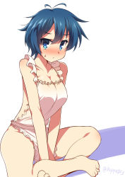 Rule 34 | 1girl, :t, apron, bare shoulders, barefoot, blue eyes, blue hair, blush, breasts, cleavage, hoppege, kamishiro sui, crossed legs, looking at viewer, matching hair/eyes, naked apron, pout, short hair, sitting, solo, sweatdrop, tokyo 7th sisters