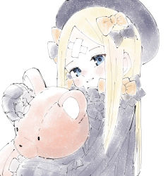 Rule 34 | 1girl, abigail williams (fate), bandaid, bandaid on face, bandaid on forehead, black bow, black dress, black hat, blonde hair, blue eyes, blush, bow, crossed bandaids, dress, fate/grand order, fate (series), hair bow, hat, highres, holding, holding stuffed toy, long hair, looking at viewer, multiple hair bows, orange bow, parted bangs, parted lips, simple background, sketch, sleeves past fingers, sleeves past wrists, smile, solo, stuffed animal, stuffed toy, teddy bear, tenoo12, white background
