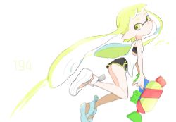 Rule 34 | 1girl, artist name, black shorts, blunt bangs, closed mouth, commentary, dolphin shorts, from side, green eyes, green hair, holding, holding weapon, imaikuy0, inkling, inkling girl, inkling player character, jumping, long hair, nintendo, paint splatter, pointy ears, salute, shirt, short shorts, shorts, sleeveless, sleeveless shirt, solo, splatoon (series), splatoon 2, splattershot (splatoon), symbol-only commentary, tentacle hair, very long hair, weapon, white background, white footwear, white shirt