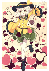 Rule 34 | 1girl, arm up, bow, dise (psychoro), green eyes, hat, hat bow, heart, heart-shaped pupils, heart of string, highres, komeiji koishi, long hair, long sleeves, looking at viewer, open mouth, pantyhose, shirt, silver hair, skirt, smile, solo, standing, standing on one leg, symbol-shaped pupils, third eye, touhou, wide sleeves