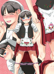Rule 34 | 1girl, apron, bad id, bad pixiv id, black hair, blue eyes, blush, braid, clothes lift, dripping, ear blush, freckles, grin, highres, looking at viewer, mole, mole under eye, multiple views, nose blush, original, panties, panty pull, poland, pussy juice, pussy juice trail, short sleeves, skirt, skirt lift, smile, standing, traditional clothes, twin braids, ui (fuugetsuin), underwear, vest, wet, wet clothes, wet panties