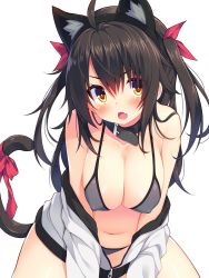 Rule 34 | 1girl, :o, ahoge, animal ears, bare shoulders, bikini, black hair, breasts, cat ears, cat girl, cat tail, chiri (atlanta), cleavage, collar, collarbone, covered erect nipples, fang, grey bikini, hair ribbon, hairband, jacket, large breasts, long hair, long sleeves, looking at viewer, meina (atlanta), navel, off shoulder, open mouth, orange eyes, original, ribbon, sidelocks, simple background, solo, swimsuit, tail, tail ornament, tail ribbon, two side up, v-shaped eyebrows, white background, white jacket