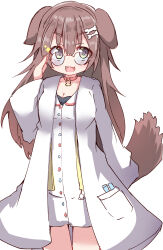 Rule 34 | 1girl, absurdres, adjusting eyewear, animal ears, blush, bone hair ornament, breasts, brown eyes, brown hair, cartoon bone, cleavage, commentary request, dog ears, dog girl, dog tail, dress, hair between eyes, hair ornament, hand up, highres, hololive, inugami korone, jacket, lab coat, long hair, long sleeves, medium breasts, open clothes, open jacket, round eyewear, simple background, solo, sparkle, tail, thick eyebrows, umberblack, very long hair, virtual youtuber, white background, white dress, wide sleeves, yellow jacket