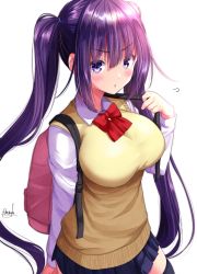 Rule 34 | 1girl, backpack, bag, black hair, black thighhighs, blush, bow, breasts, chestnut mouth, highres, large breasts, long hair, looking at viewer, mokufuu, original, pleated skirt, purple eyes, red bow, shirt, signature, skirt, solo, sweater vest, thighhighs, twintails, white background, white shirt