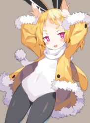 Rule 34 | 1girl, animal ears, arms up, black pantyhose, blonde hair, blush, breasts, bright pupils, commentary request, covered navel, cowboy shot, disgaea, fur-trimmed jacket, fur-trimmed sleeves, fur trim, grey background, highres, jacket, leotard, long sleeves, looking at viewer, open mouth, pantyhose, pink eyes, rabbit ears, rabbit pose, scarf, short bangs, short eyebrows, short hair, simple background, small breasts, smile, solo, thick eyebrows, tsudero, usalia (disgaea), white leotard, white pupils, white scarf, yellow jacket