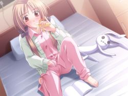 Rule 34 | 1girl, banana, barefoot, bed, blonde hair, blush, book, character request, clothed masturbation, feet, female masturbation, food, fruit, game cg, hand in pants, long hair, masturbation, red eyes, room, sitting, solo, source request, toes