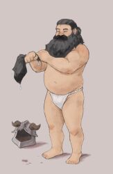 Rule 34 | 1boy, bara, beard, belly, brown hair, closed eyes, drying, drying clothes, dungeon meshi, dwarf, facial hair, fake horns, fat, fat man, full body, helmet, highres, horned helmet, horns, long beard, male focus, navel, official alternate hairstyle, professor fluff, senshi (dungeon meshi), solo, standing, thick mustache, topless male, unworn headwear
