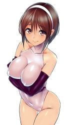 Rule 34 | 1girl, alternate costume, bad id, bad pixiv id, black gloves, breast hold, breasts, brown eyes, brown hair, elbow gloves, gloves, hairband, kantai collection, large breasts, leotard, looking at viewer, natori (kancolle), shinomu (cinomoon), short hair, simple background, solo, turtleneck, white background, white leotard