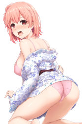 Rule 34 | 1girl, ass, bad id, bad twitter id, bare shoulders, blush, bra, breasts, commentary request, hair bun, highres, inanaki shiki, japanese clothes, kimono, kneeling, large breasts, lingerie, long sleeves, looking at viewer, looking back, off shoulder, open mouth, panties, pink bra, pink hair, pink panties, red eyes, shiny skin, short hair, side bun, simple background, single hair bun, single side bun, solo, thighs, underwear, white background, yahari ore no seishun lovecome wa machigatteiru., yuigahama yui