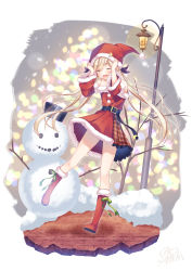 Rule 34 | 1girl, belt, blonde hair, blush, boots, christmas, hat, highres, holding, holding clothes, holding hat, kugatsu tooka, long hair, one eye closed, open mouth, original, plaid, santa costume, santa hat, signature, smile, snowman, solo, standing, thighs, twintails