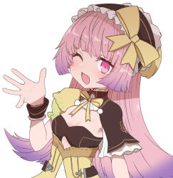 Rule 34 | 1girl, asymmetrical sleeves, atelier (series), atelier lydie &amp; suelle, blush, bow, breasts, cleavage, dress, fang, female focus, frilled hairband, frills, gradient hair, hair bow, hairband, hand up, long hair, looking at viewer, multicolored hair, one eye closed, open mouth, pink eyes, pink hair, purple hair, short sleeves, simple background, small breasts, smile, solo, suelle marlen, sumiyao (amam), two-tone hair, upper body, white background, wrist cuffs, yellow bow