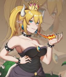 Rule 34 | 1girl, armlet, bare shoulders, black dress, black nails, blonde hair, blue eyes, bowsette, bracelet, breasts, breath weapon, breathing fire, cleavage, collar, collarbone, crown, dress, earrings, er gou daoren, fingernails, fire, jewelry, large breasts, mario (series), new super mario bros. u deluxe, nintendo, pointy ears, sharp fingernails, spiked armlet, spiked bracelet, spiked collar, spiked shell, spiked tail, spikes, strapless, strapless dress, super crown, tail, turtle shell, zoom layer