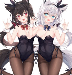Rule 34 | 2girls, ahoge, animal ears, bare shoulders, black hair, black leotard, blue eyes, blush, breasts, cleavage, commentary request, covered navel, crossed bangs, detached collar, dual persona, embarrassed, fox ears, fox girl, fox shadow puppet, fox tail, hairband, highres, hololive, kurokami fubuki, leotard, long hair, low ponytail, medium breasts, multiple girls, neck ribbon, open mouth, pantyhose, playboy bunny, red eyes, retsuto, ribbon, shirakami fubuki, simple background, smile, standing, tail, thigh gap, thighband pantyhose, very long hair, virtual youtuber, white background, white hair, wrist cuffs