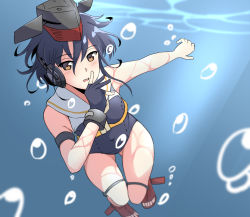 Rule 34 | 1girl, air bubble, asymmetrical hair, black hair, black one-piece swimsuit, boots, brown eyes, bubble, crop top, framed breasts, freediving, gloves, hair between eyes, hand on own chin, hat, headphones, high heel boots, high heels, i-13 (kancolle), kagari liroi, kantai collection, one-piece swimsuit, partially fingerless gloves, red footwear, sailor collar, school swimsuit, short hair, single glove, solo, swimsuit, toeless footwear, underwater, white sailor collar