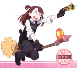Rule 34 | 1girl, absurdres, alternate costume, artist name, bad id, bad pixiv id, black gloves, blue necktie, brown hair, bulletproof vest, collared shirt, full body, gloves, gun, half updo, highres, holding, holding gun, holding weapon, kagari atsuko, little witch academia, long hair, long sleeves, looking away, necktie, once 11h, open mouth, ringed eyes, shirt, sleeves rolled up, solo, teeth, upper teeth only, weapon, white background, white shirt