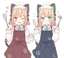 Rule 34 | 2girls, alternate costume, animal ear headphones, animal ears, apron, blonde hair, blue apron, blue archive, blue necktie, blush, bow, cat ear headphones, collared shirt, crescent print, fake animal ears, fake tail, flying sweatdrops, green bow, green eyes, green halo, hair bow, halo, hands up, headphones, heart, highres, holding, holding ladle, holding whisk, kamotsu yasai, ladle, long sleeves, looking at viewer, midori (blue archive), momoi (blue archive), multiple girls, necktie, one eye closed, open mouth, paw print, pink eyes, pink halo, red apron, red bow, shirt, short hair, siblings, sisters, smile, sun print, tail, twins, whisk, white background, white headwear, white shirt