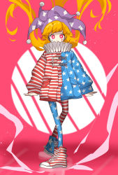 Rule 34 | 1girl, american flag, american flag legwear, american flag print, blonde hair, clownpiece, commentary request, facepaint, flag print, hat, highres, jacket, jester cap, long hair, neck ruff, pantyhose, pink background, print legwear, print pantyhose, red eyes, semimaru (user zzuy5884), shoes, smile, sneakers, star-shaped pupils, star (symbol), star print, striped, symbol-shaped pupils, touhou