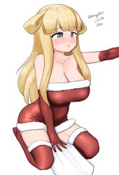 Rule 34 | 1girl, absurdres, blonde hair, blue eyes, blush, breasts, cleavage, commentary request, dated, dress, fletcher (kancolle), fur-trimmed dress, fur-trimmed gloves, fur-trimmed legwear, fur trim, gloves, highres, kantai collection, large breasts, long hair, maru (marg0613), one-hour drawing challenge, parted lips, red dress, red gloves, red thighhighs, simple background, sitting, solo, thighhighs, twitter username, wariza, white background