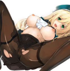 Rule 34 | 10s, 1girl, atago (kancolle), bad id, bad pixiv id, black gloves, black pantyhose, blonde hair, blue hat, blush, breasts, crotch seam, gloves, green eyes, hat, highres, kantai collection, large breasts, long hair, looking at viewer, lying, nipples, on back, open mouth, pantyhose, personification, pupps, smile, solo, spread legs, thighband pantyhose, torn clothes, torn pantyhose