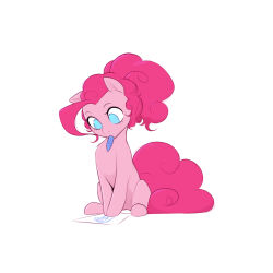 Rule 34 | absurdres, animal, blue eyes, colored skin, highres, horse, mouth hold, my little pony, my little pony: friendship is magic, no humans, paper, pen, pink hair, pink skin, pinkie pie, pudgeruffian, simple background, white background