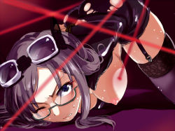 Rule 34 | 10s, 1girl, angry, arm behind back, bad id, bad pixiv id, bdsm, blue eyes, bondage, bound, bound wrists, breasts, clenched teeth, futou ryouko, garter straps, glasses, goggles, goggles on head, hanging breasts, idolmaster, idolmaster cinderella girls, jacket, laser, long hair, nipples, open clothes, open jacket, purple hair, restrained, rope, semi-rimless eyewear, skirt, solo, source request, sweat, teeth, thighhighs, top-down bottom-up, torn clothes, under-rim eyewear, wince, yagami makino