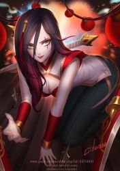 Rule 34 | 1girl, alternate costume, alternate hair color, bare shoulders, black hair, breasts, chinese clothes, citemer, cleavage cutout, clothing cutout, dagger, gradient hair, green eyes, highres, katarina (league of legends), kneeling, knife, league of legends, licking lips, lipstick, liuruoyu8888, long hair, looking at viewer, makeup, multicolored hair, pants, red hair, scar, solo, tongue, tongue out, two-tone hair, warring kingdoms katarina, weapon