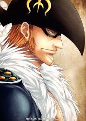 Rule 34 | 1boy, 2011, bicorne, black hat, blue eyes, closed mouth, coat, commentary request, dated, from side, fur-trimmed coat, fur trim, hat, k-suwabe, long sideburns, looking afar, male focus, one piece, orange hair, portrait, short hair, sideburns, simple background, solo, x drake