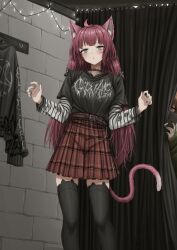 Rule 34 | 2girls, absurdres, ahoge, animal ear legwear, animal ears, black nails, black thighhighs, blush, brown hair, camera phone, cat ear legwear, cat ears, cat tail, changing room, commentary, commission, english commentary, goth fashion, gothic, green eyes, highres, layered sleeves, lobsteranian, long hair, looking at viewer, multiple girls, original, pleated skirt, red eyes, red hair, skirt, solo focus, tail, thighhighs