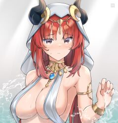 Rule 34 | 1girl, alternate costume, armlet, armpits, bare shoulders, bikini, bracelet, breasts, brown eyes, cleavage, closed mouth, collar, embarrassed, fake horns, freshtango, genshin impact, highres, horns, jewelry, large breasts, long hair, looking at viewer, nilou (genshin impact), red hair, solo, sweatdrop, swimsuit, upper body, veil, water, wet, white bikini