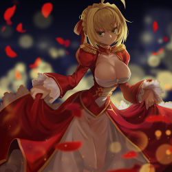 Rule 34 | 10s, 1girl, ahoge, blonde hair, breasts, cleavage, clothes lift, cowboy shot, dress, dress lift, epaulettes, fate/extra, fate/extra ccc, fate/grand order, fate (series), goomrrat, green eyes, large breasts, nero claudius (fate), nero claudius (fate) (all), nero claudius (fate/extra), petals, red dress, short hair, solo