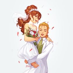 Rule 34 | 1boy, 1girl, alfyn (octopath traveler), bare shoulders, blonde hair, bouquet, bride, brown hair, carrying, closed eyes, dress, elbow gloves, flower, formal, gloves, hair flower, hair ornament, husband and wife, jewelry, long hair, mella, necklace, octopath traveler, octopath traveler i, open mouth, ponytail, primrose azelhart, princess carry, rose, simple background, smile, strapless, strapless dress, suit, tiara, tuxedo, wedding, wedding dress, white dress, white flower, white gloves