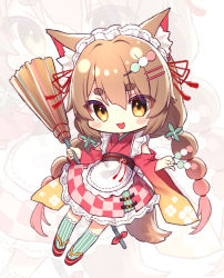Rule 34 | 1girl, :d, animal ear fluff, animal ears, apron, bad id, bad pixiv id, between fingers, blush stickers, braid, broom, brown eyes, brown hair, chibi, commentary request, dango, food, food-themed hair ornament, frilled apron, frills, full body, green thighhighs, gyozanuko, hair between eyes, hair ornament, hairclip, highres, holding, holding broom, holding food, japanese clothes, kimono, long hair, long sleeves, looking at viewer, lumia saga, maid, maid headdress, obi, open mouth, red footwear, red kimono, sandals, sanshoku dango, sash, short eyebrows, smile, solo, striped clothes, striped thighhighs, tail, thick eyebrows, thighhighs, twin braids, twintails, vertical-striped clothes, vertical-striped thighhighs, very long hair, wa maid, wagashi, white apron, wide sleeves, zoom layer, zouri