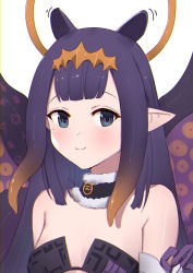 Rule 34 | 1girl, bare shoulders, black dress, black eyes, black hair, blush, breasts, brown hair, closed mouth, commentary, dress, gradient hair, halo, highres, hololive, hololive english, mole, mole under eye, multicolored hair, ninomae ina&#039;nis, ninomae ina&#039;nis (1st costume), pointy ears, simple background, small breasts, smile, solo, strapless, strapless dress, suction cups, symbol-only commentary, tentacles, uneg, upper body, virtual youtuber, white background