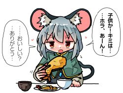 Rule 34 | 1girl, amulet, animal ears, black jacket, blush, capelet, chopsticks, dot nose, dress, flying sweatdrops, food, green capelet, grey dress, grey hair, heart, jacket, kasuya baian, long sleeves, medium hair, mouse ears, mouse girl, mouse tail, nazrin, open mouth, red eyes, simple background, solo, tail, touhou, translation request, upper body, white background