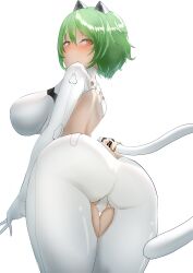1girl absurdres admiral_nakhimov_(azur_lane) animal_ears ass azur_lane back_cutout backless_bodysuit bodysuit butt_crack cat_ears clothing_cutout crotchless crotchless_bodysuit fake_animal_ears fake_tail from_behind green_eyes green_hair gure_(gure5532) highres impossible_bodysuit impossible_clothes looking_at_viewer looking_back mechanical_ears mechanical_tail short_hair tail turtleneck turtleneck_bodysuit white_background white_bodysuit