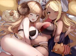 Rule 34 | 2girls, absurdres, ahoge, anila (granblue fantasy), anila (summer) (granblue fantasy), bikini, blonde hair, boar, breasts, brown eyes, brown hair, commission, dark-skinned female, dark skin, draph, granblue fantasy, highres, horns, kumbhira (granblue fantasy), kumbhira (summer) (granblue fantasy), large breasts, long hair, multiple girls, myown, navel, on bed, one eye closed, pixiv commission, pointy ears, sheep, smile, swimsuit, thick eyebrows