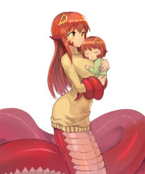 Rule 34 | 2girls, bad id, bad pixiv id, breasts, carrying, cherry (snekfag), commission, hair ornament, hairclip, highres, jewelry, lamia, large breasts, long hair, miia (monster musume), monster girl, monster musume no iru nichijou, mother and daughter, multiple girls, original, pointy ears, red hair, ring, scales, short hair, simple background, sleeping, smile, sookmo, sweater, wedding band, white background, yellow sweater