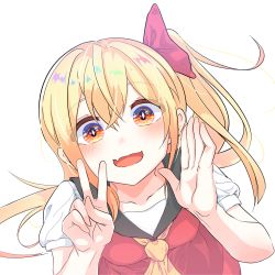Rule 34 | 1girl, :d, absurdres, blonde hair, blush, bow, collarbone, fang, flandre scarlet, from above, hair between eyes, hair bow, hands up, highres, kosinoba, long hair, looking at viewer, no headwear, no wings, one side up, open mouth, sailor collar, shirt, short sleeves, skin fang, smile, solo, symbol-shaped pupils, touhou, upper body, v, very long hair, white sailor collar