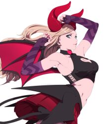 Rule 34 | 1girl, absurdres, armpits, blonde hair, blue eyes, breasts, choker, cleavage, cleavage cutout, clothing cutout, commentary request, demon horns, demon tail, demon wings, earrings, elbow gloves, fake horns, fake tail, fake wings, fingerless gloves, gloves, heart, heart choker, heart cutout, highres, horns, jewelry, long hair, looking at viewer, medium breasts, midriff, nail polish, navel, persona, persona 5, persona 5: dancing star night, persona 5 the royal, persona dancing, pleated skirt, red horns, red nails, red skirt, simple background, skirt, smile, solo, tail, takamaki anne, umenituru, white background, wings