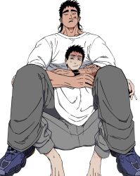 Rule 34 | 2boys, arms around neck, asian, balnom, bara, between legs, black hair, cheek bulge, cigarette, full body, highres, knees up, male focus, multiple boys, muscular, muscular male, original, short hair, sitting between lap, size difference, sparse stubble, thick eyebrows, tsurime, turn pale, yaoi