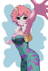 Rule 34 | 1girl, :d, armpits, ashido mina, black sclera, blue background, bodysuit, boku no hero academia, breasts, brown vest, cleavage, colored sclera, colored skin, commentary, constricted pupils, cowboy shot, cropped vest, excited, eye mask, from side, fur-trimmed vest, fur trim, green bodysuit, grin, highres, horns, looking at viewer, looking to the side, medium breasts, messy hair, open clothes, open mouth, open vest, outstretched arms, pink hair, pink skin, purple bodysuit, reaching, reaching towards viewer, sametogoreijou, short hair, skindentation, sleeveless, sleeveless bodysuit, smile, solo, spread fingers, two-tone bodysuit, unitard, vest, white background, yellow eyes