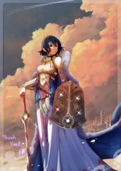 Rule 34 | 1girl, bare shoulders, blood, blood stain, blue cape, blue eyes, blue hair, bracelet, building, cape, cloak, cloud, cloudy sky, dress, english text, fire emblem, fire emblem (object), fire emblem awakening, fur trim, glint, highres, holding, holding shield, holding sword, holding weapon, instagram username, jewelry, krishna artly, morgan (female) (fire emblem), morgan (fire emblem), nintendo, outdoors, shield, short hair, sidelocks, sky, solo, star (sky), sword, tower, weapon