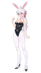 Rule 34 | 1girl, :d, absurdres, ahoge, animal ears, bare shoulders, black leotard, blush, breasts, cleavage, collar, collarbone, covered navel, detached collar, detached sleeves, eyes visible through hair, fake animal ears, fang, full body, gluteal fold, hair between eyes, hair ribbon, high heels, highleg, highleg leotard, highres, leotard, long hair, looking at viewer, medium breasts, necktie, open mouth, pantyhose, patent heels, pink necktie, pink ribbon, playboy bunny, ponytail, pumps, rabbit ears, red eyes, ribbon, shoes, signature, simple background, smile, solo, standing, stiletto heels, vocaloid, white background, white collar, white hair, white pantyhose, xiaoxi0619, yowane haku