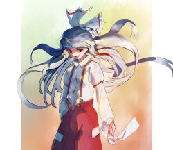 Rule 34 | 1girl, acor, baggy pants, bow, collared shirt, flat chest, fujiwara no mokou, hair bow, hand in pocket, highres, long hair, long sleeves, looking at viewer, looking to the side, ofuda, ofuda on clothes, pants, red eyes, red pants, shirt, sidelocks, sleeve garter, smile, solo, standing, suspenders, touhou, very long hair, white bow, white hair, white shirt