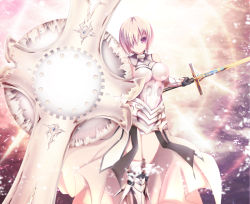 Rule 34 | 1girl, adapted costume, akina t, alternate color, alternate hair color, armor, armored boots, armored dress, bare shoulders, black gloves, boots, bright background, commentary request, fate/grand order, fate (series), gauntlets, glasses, gloves, hair over one eye, highres, holding, holding sword, holding weapon, long hair, looking at viewer, mash kyrielight, pink hair, shield, short hair, smile, solo, sword, thigh boots, thighhighs, weapon