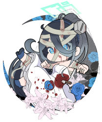 Rule 34 | 1girl, ahoge, aris (blue archive), bandaged arm, bandages, bare shoulders, black hair, blood, blood from mouth, blood on clothes, blue archive, blue eyes, blue flower, blue footwear, blue hairband, blue rose, breasts, chibi, commentary request, crescent, dress, fang, flower, full body, hair between eyes, hairband, halo, knife, long hair, long hair between eyes, looking at viewer, medium breasts, nyaru (nyaru 4126), object through head, open mouth, patchwork skin, rose, screw in head, shoe soles, shoes, simple background, solo, strapless, strapless dress, very long hair, white background, white dress