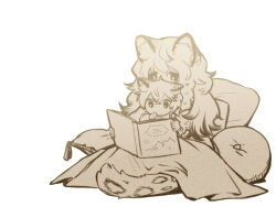 Rule 34 | 2girls, aged down, animal ears, arknights, blanket, book, braid, cat ears, cat tail, chabi (amedama), cliffheart (arknights), commentary request, dress, holding, holding book, long hair, long sleeves, monochrome, multiple girls, pillow, pramanix (arknights), reading, short hair, siblings, simple background, sisters, sitting, sitting on lap, sitting on person, tail, thumb sucking, white background